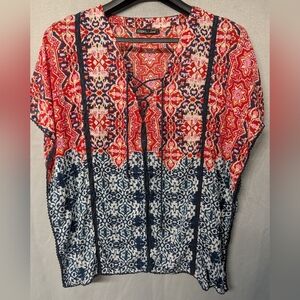 Gypsy 05 Red & Navy Boho Lace-Up Tunic Size Small But Fits Large